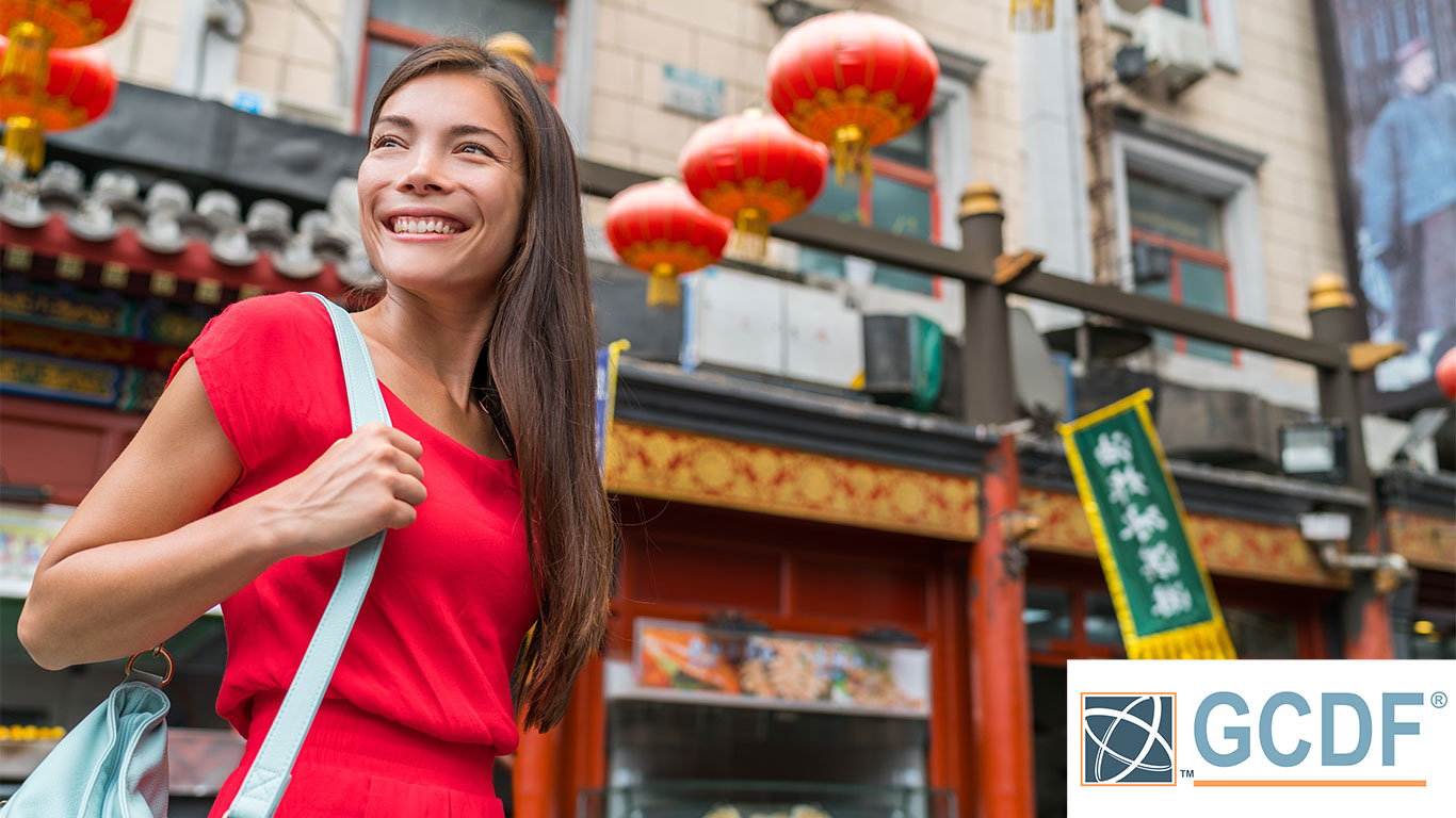 Young woman in red dress in city streets of China.
